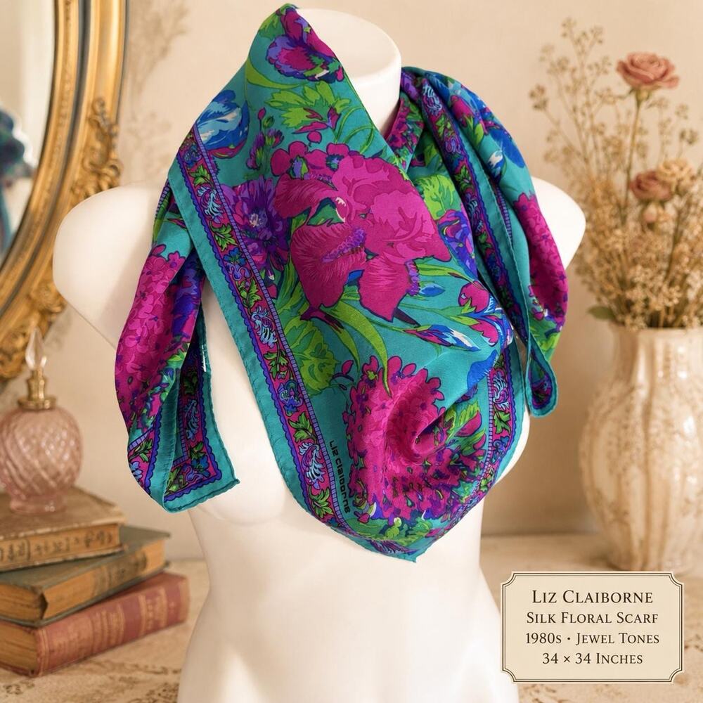 Vintage Liz Claiborne Silk Floral Scarf 1980s Jewel Tone 35x35